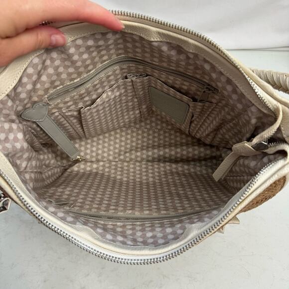 BRIGHTON Cream & Tan Raffia Leather Shoulder Tote Bag Purse - Picture 9 of 14